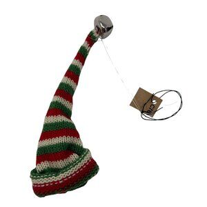 Miniature Christmas Elf Knit Hat Bottle Cover Ornament Jingle Bell Striped Red